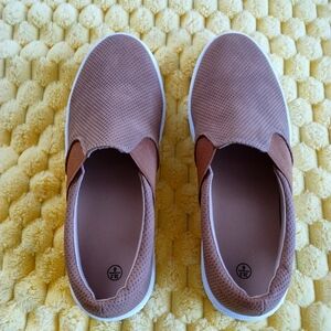 Brown suede look slip ons